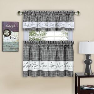 Country Gingham Check Live Laugh Love 3-Piece Cafe Plaid Kitchen Curtain Set